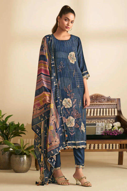Navy Blue Pure Heavy Burberry Checks Digital Print With Embroidery Work Salwar Suit