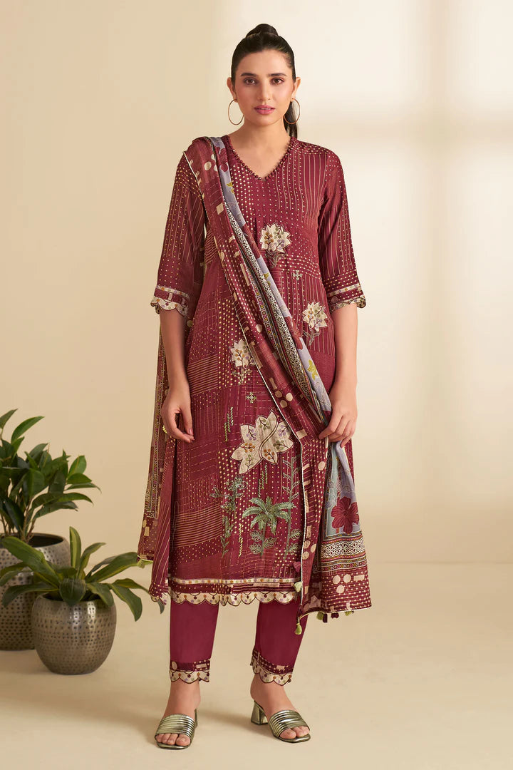 Pure Heavy Burberry Maroon Checks Digital Print Salwar Suit